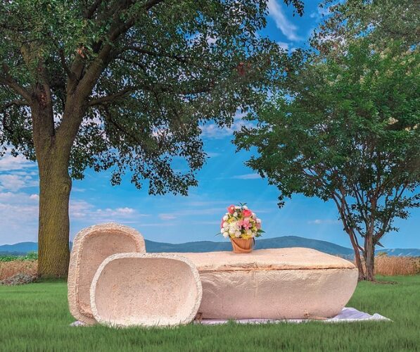 Display of flagship product, MyCoffin, situated in the grass with trees in background